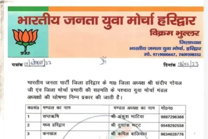 Haridwar BJP Yuva Morcha News : भाजपा युवा मोर्चा अध्यक्ष विक्रम भुल्लर ने की हरिद्वार के सभी मंडल अध्यक्षों की घोषणा