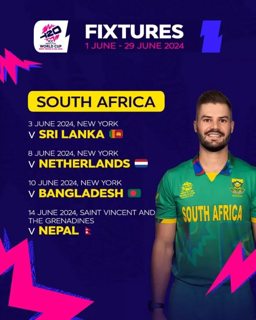 South Africa's Full Schedule for ICC T20 World Cup 2024 Image Credit : ICC