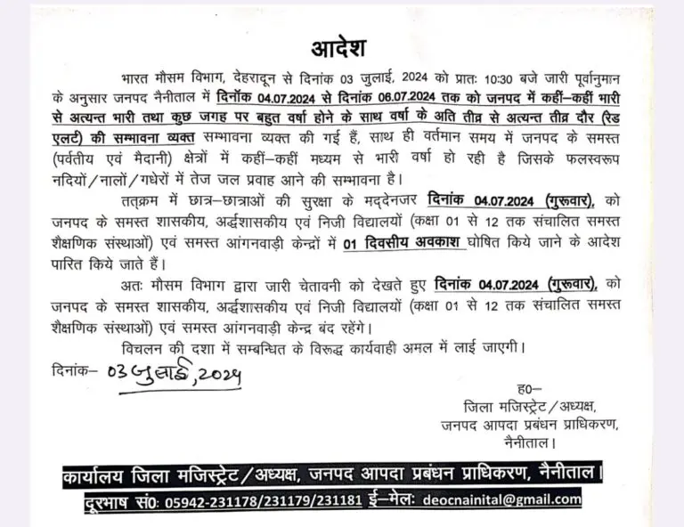 Uttarakhand News : भारी बारिश के पूर्वानुमान के कारण नैनीताल के स्कूलों में अवकाश घोषित.